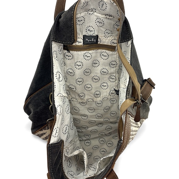 Myra Bag Hot Brownie Canvas Leather Tote Crossbody Tribal Laptop Bag - Picture 7 of 11